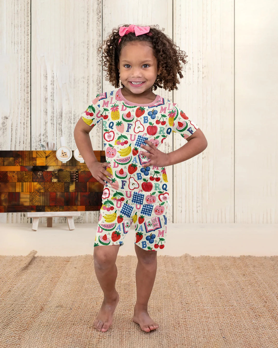 Back To School Fruit Alphabet Bamboo Two Piece Short Sleeve Shorts Pajama Set