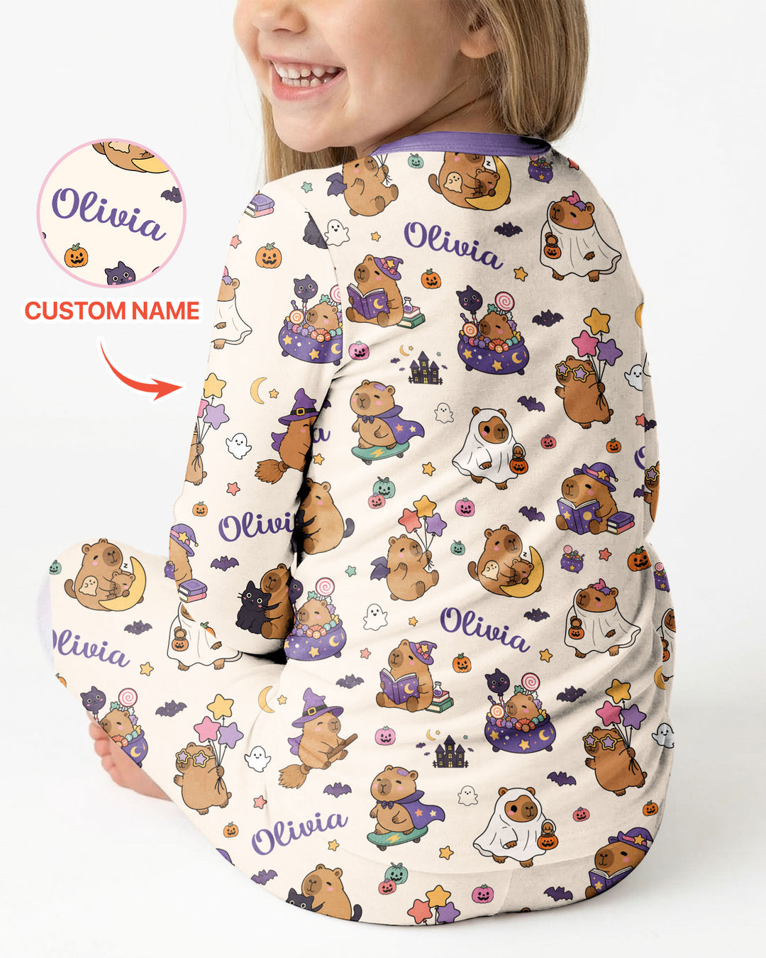 Custom Name Kawaii Halloween Capybara Bamboo Two Piece Long Sleeve Pajama Set