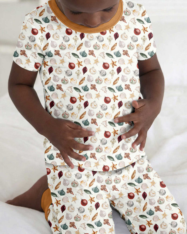 Watercolor Christmas Ornaments Bamboo Two Piece Short Sleeve Pajama Set