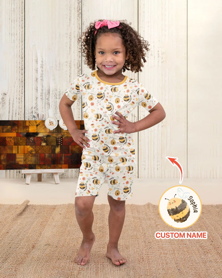 Bee Kind Custom Name Bamboo Two Piece Short Sleeve Shorts Pajama Set