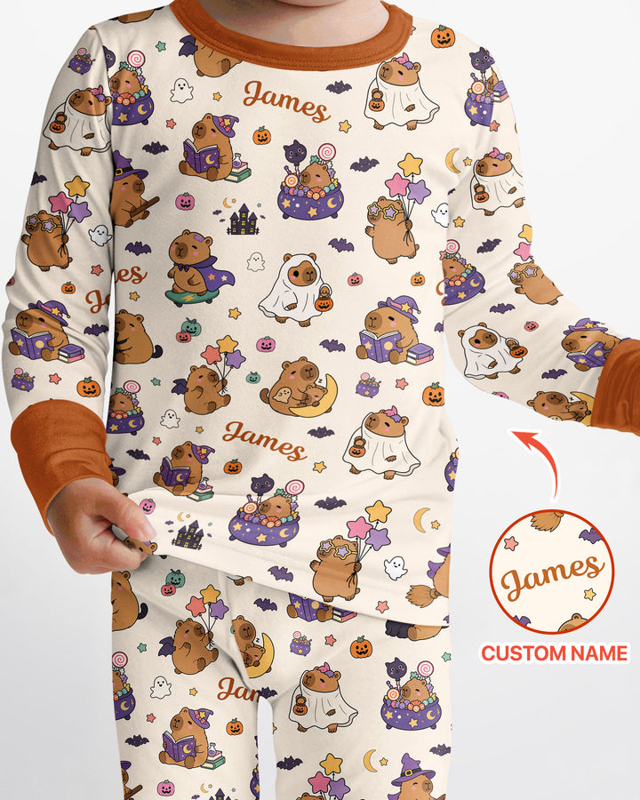 Custom Name Kawaii Halloween Capybara Bamboo Two Piece Long Sleeve Pajama Set