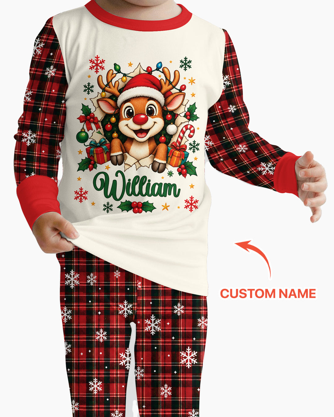 Cute Reindeer in Santa Hat Bamboo Two Piece Long Sleeve Pajama Set