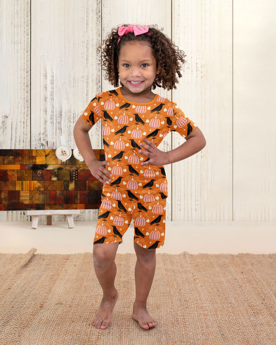 Ravens in a Pumpkin Patch - Orange Pink Bamboo Two Piece Short Sleeve Shorts Pajama Set