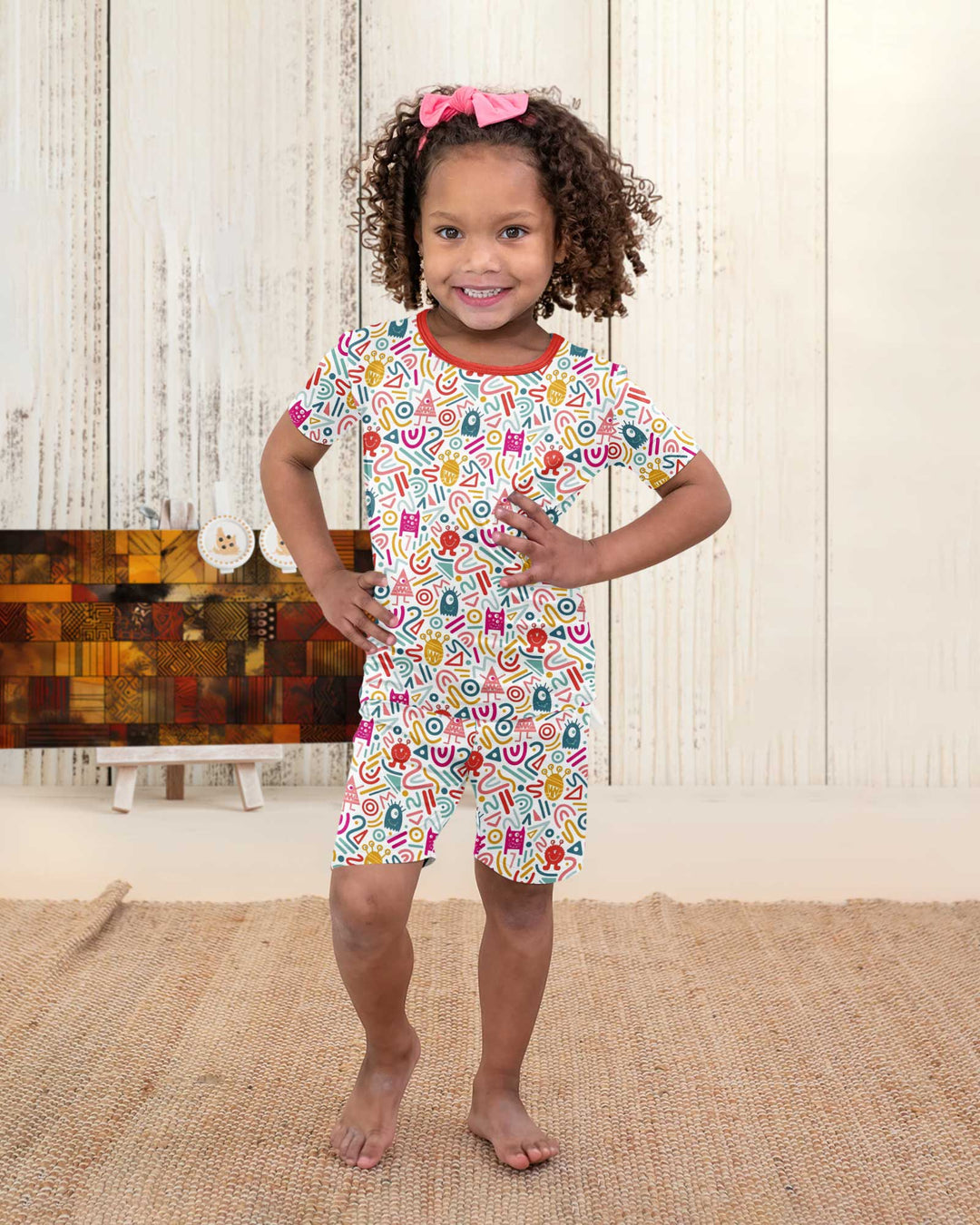 Rainbow Monster Party Bamboo Two Piece Short Sleeve Shorts Pajama Set