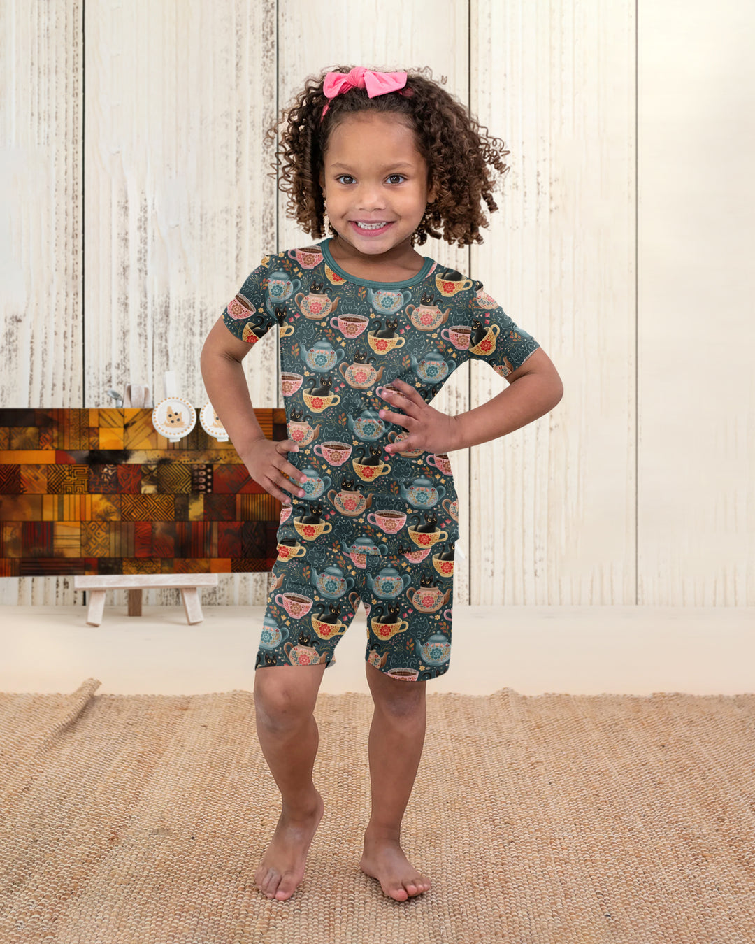 Folk Floral Black Cat Tea Party Bamboo Two Piece Short Sleeve Shorts Pajama Set