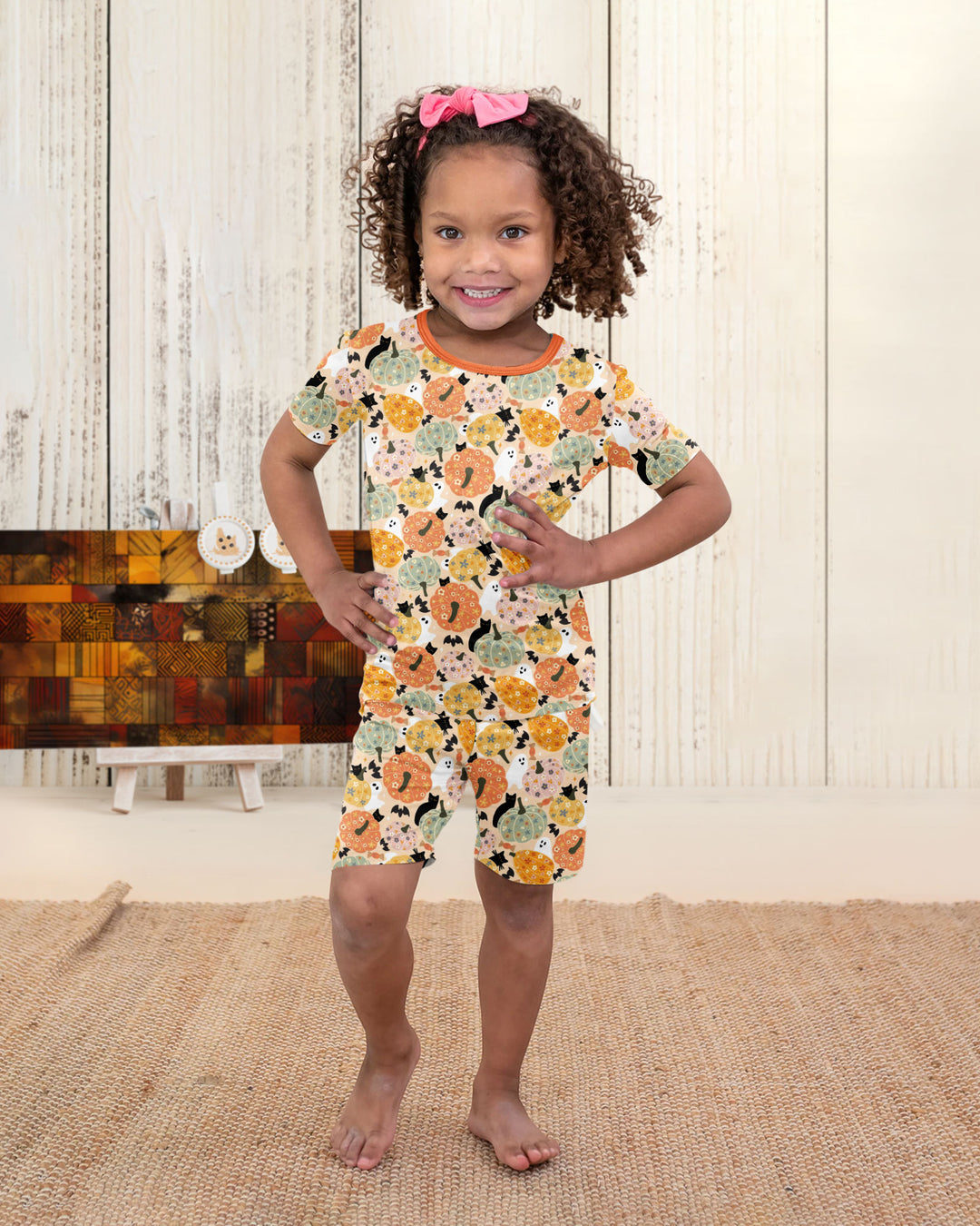 Floral Pumpkin Ghost Halloween Bamboo Two Piece Short Sleeve Shorts Pajama Set