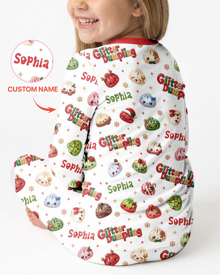 Custom Name Glitter Christmas Dumpling  Bamboo Two Piece Long Sleeve Pajama Set
