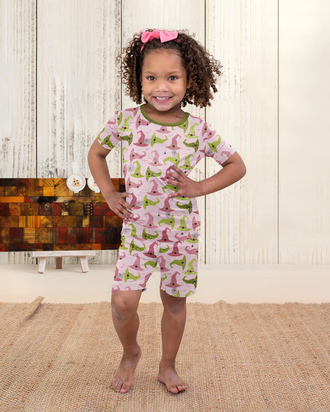 Pink Witch Hat Halloween Bamboo Two Piece Short Sleeve Shorts Pajama Set