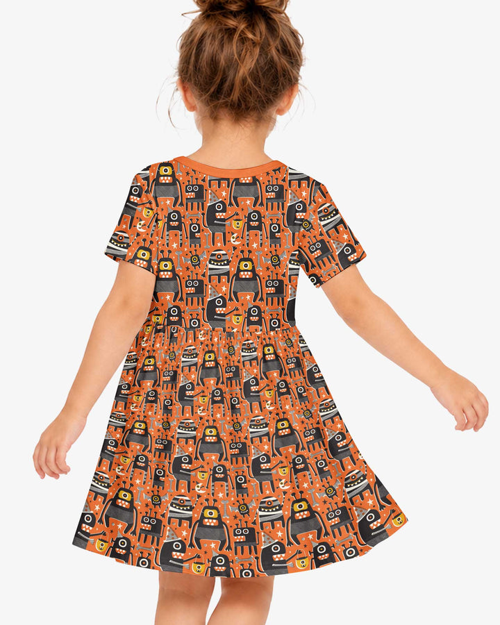 Mid Century Halloween Monster Toss Bamboo Twirl Dress