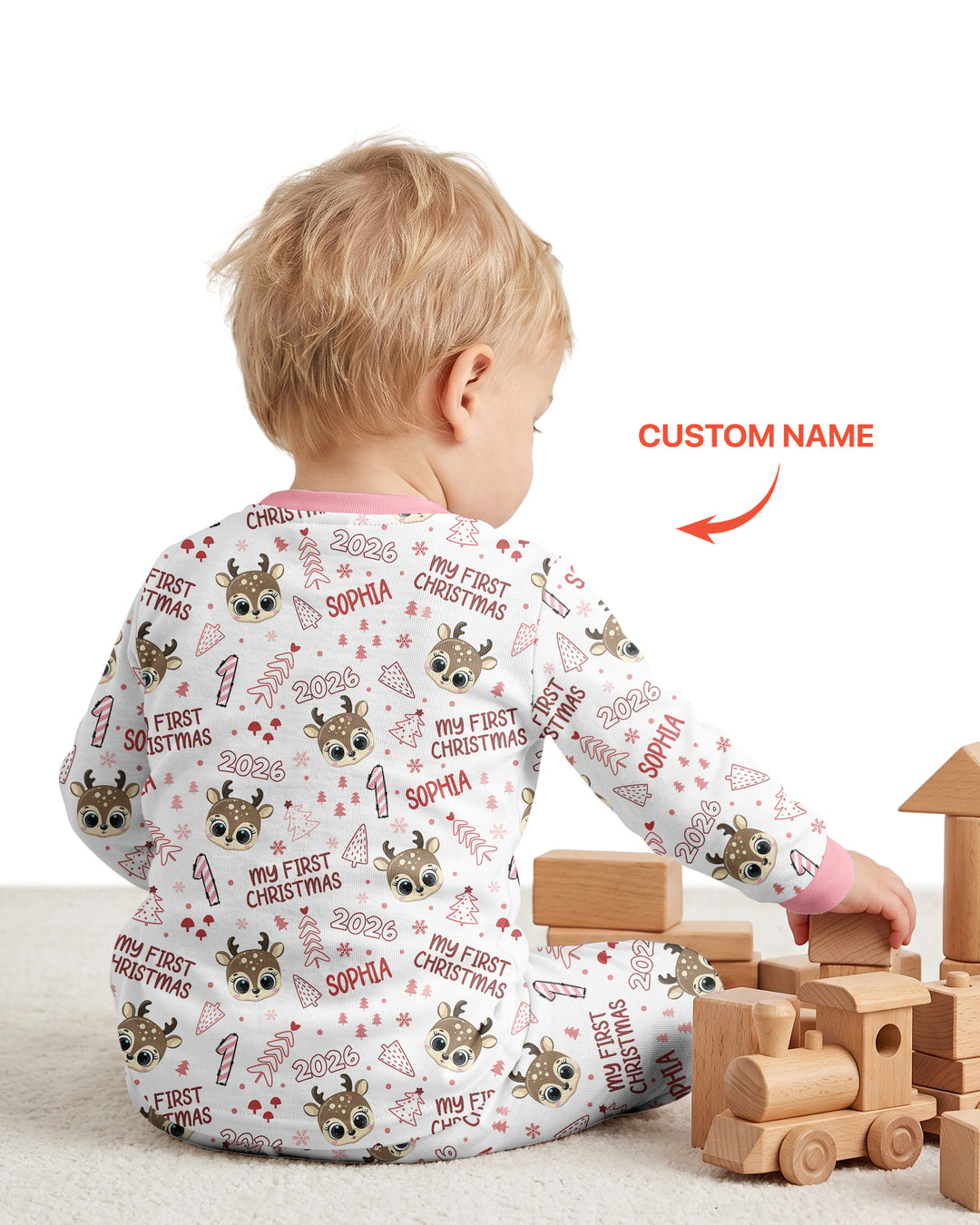 Custom Name Cute Reindeer My First Christmas Bamboo Two Piece Long Sleeve Pajama Set