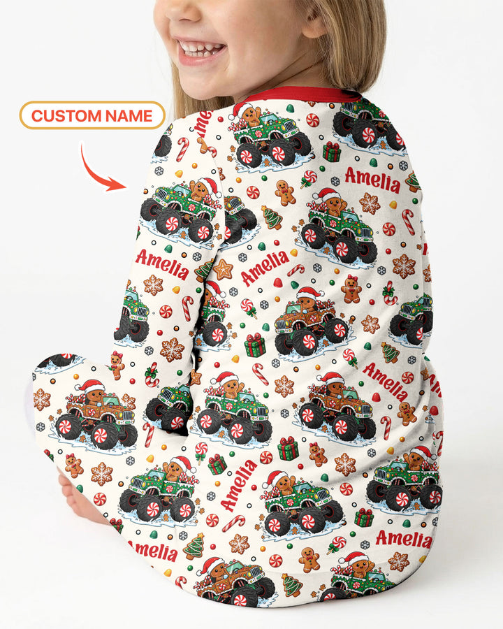 Custom Name Monster Truck Gingerbread Bamboo Two Piece Long Sleeve Pajama Set