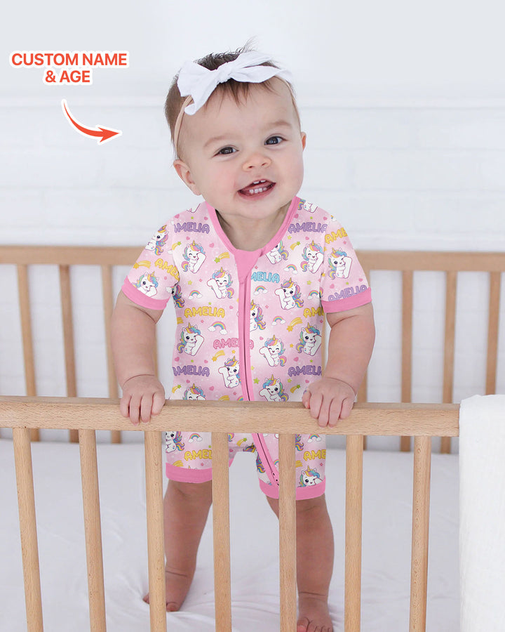 Custom Name Kawaii Unicorn Birthday Bamboo Shorty Zippy