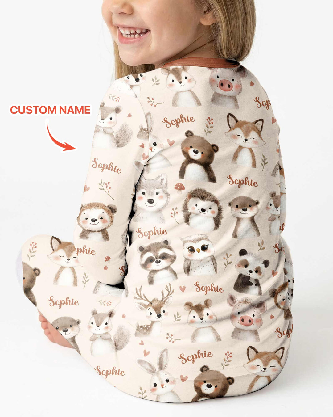 Custom Name Watercolor Woodland Bamboo Two Piece Long Sleeve Pajama Set