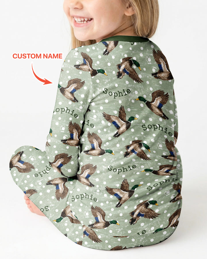 Custom Name Flying Mallard Duck Bamboo Two Piece Long Sleeve Pajama Set