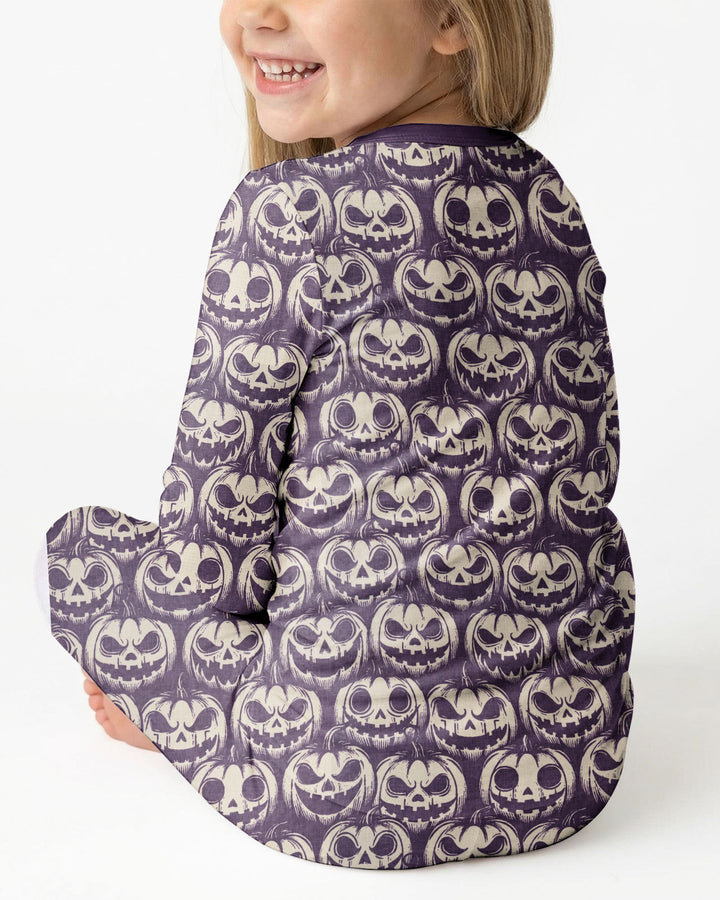 Retro Halloween Jack-O-Lantern Spooky Faces Bamboo Two Piece Long Sleeve Pajama Set