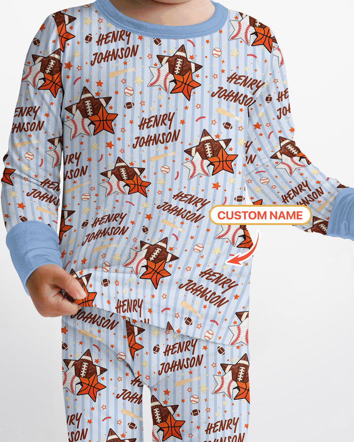 Sport Balls Custom Name Bamboo Two Piece Long Sleeve Pajama Set
