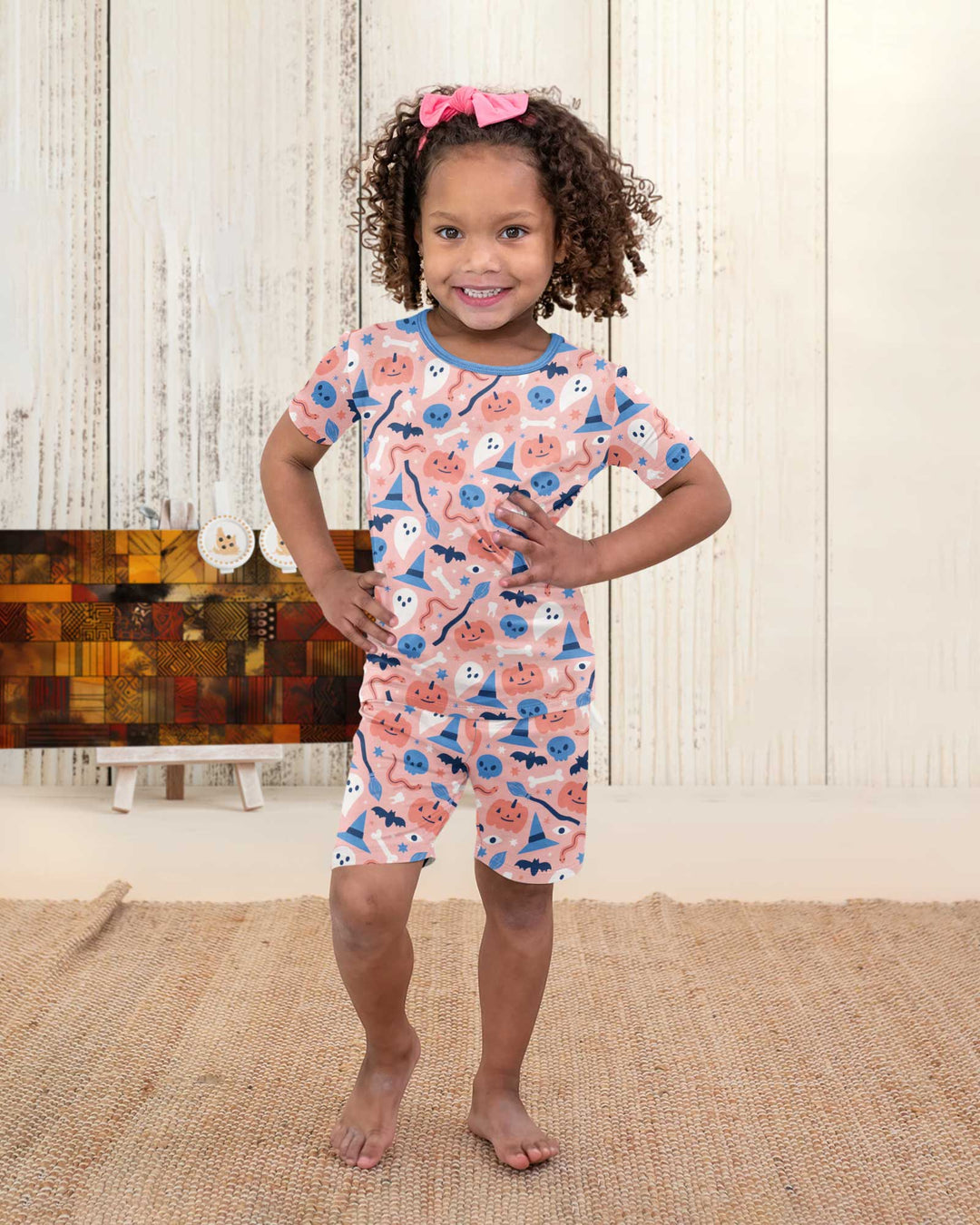 Pastel Pumpkins Skulls And Witch Craft Bamboo Two Piece Short Sleeve Shorts Pajama Set