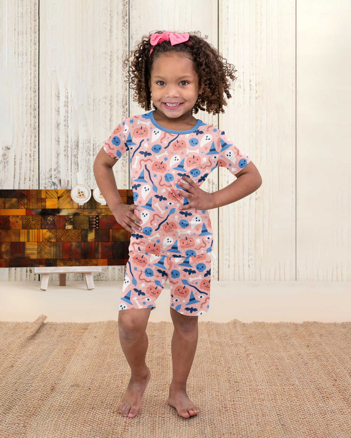 Pastel Pumpkins Skulls And Witch Craft Bamboo Two Piece Short Sleeve Shorts Pajama Set
