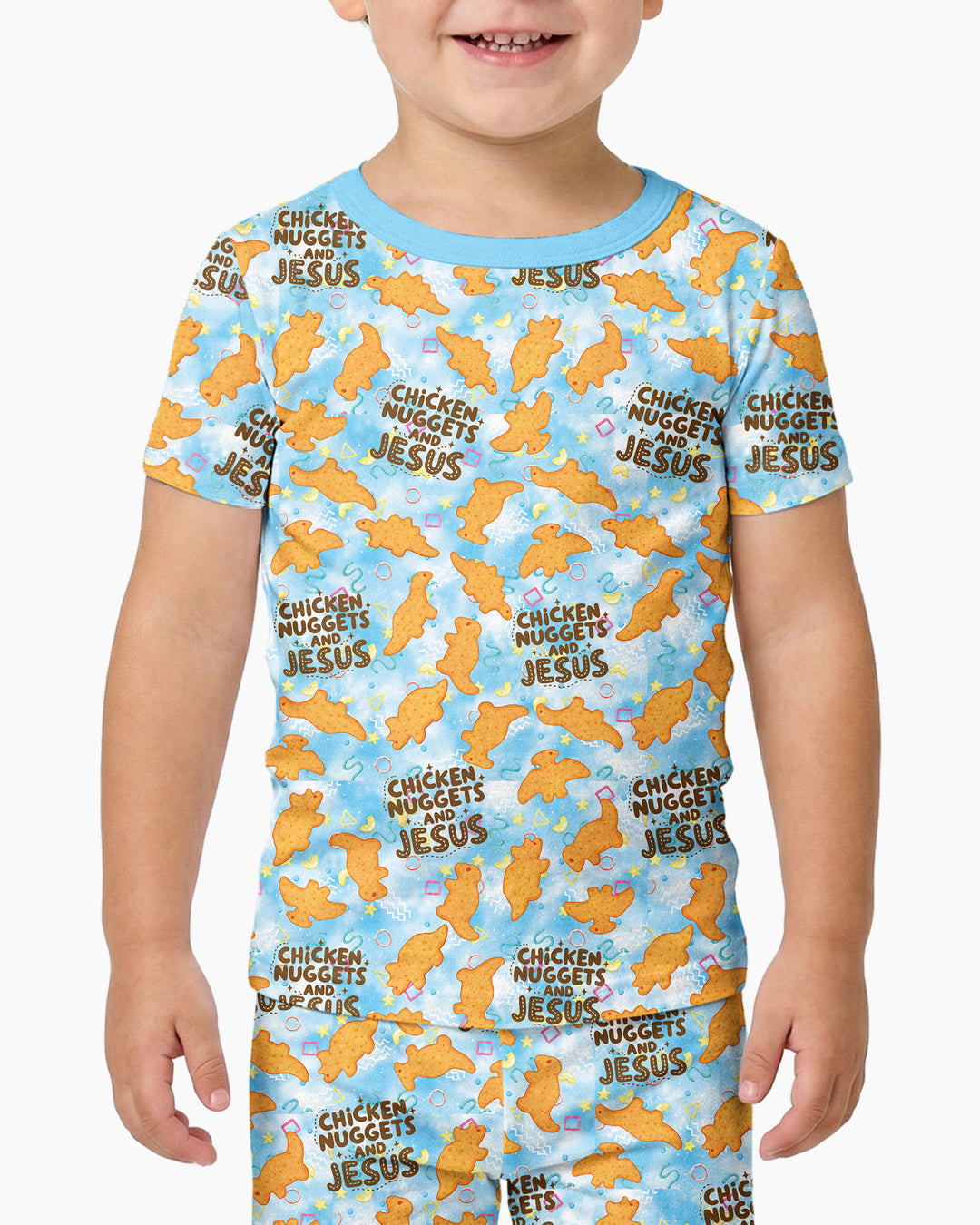 Chicken Nuggets and Jesus Family MatchingBamboo Two Piece Short Sleeve Pajama Set