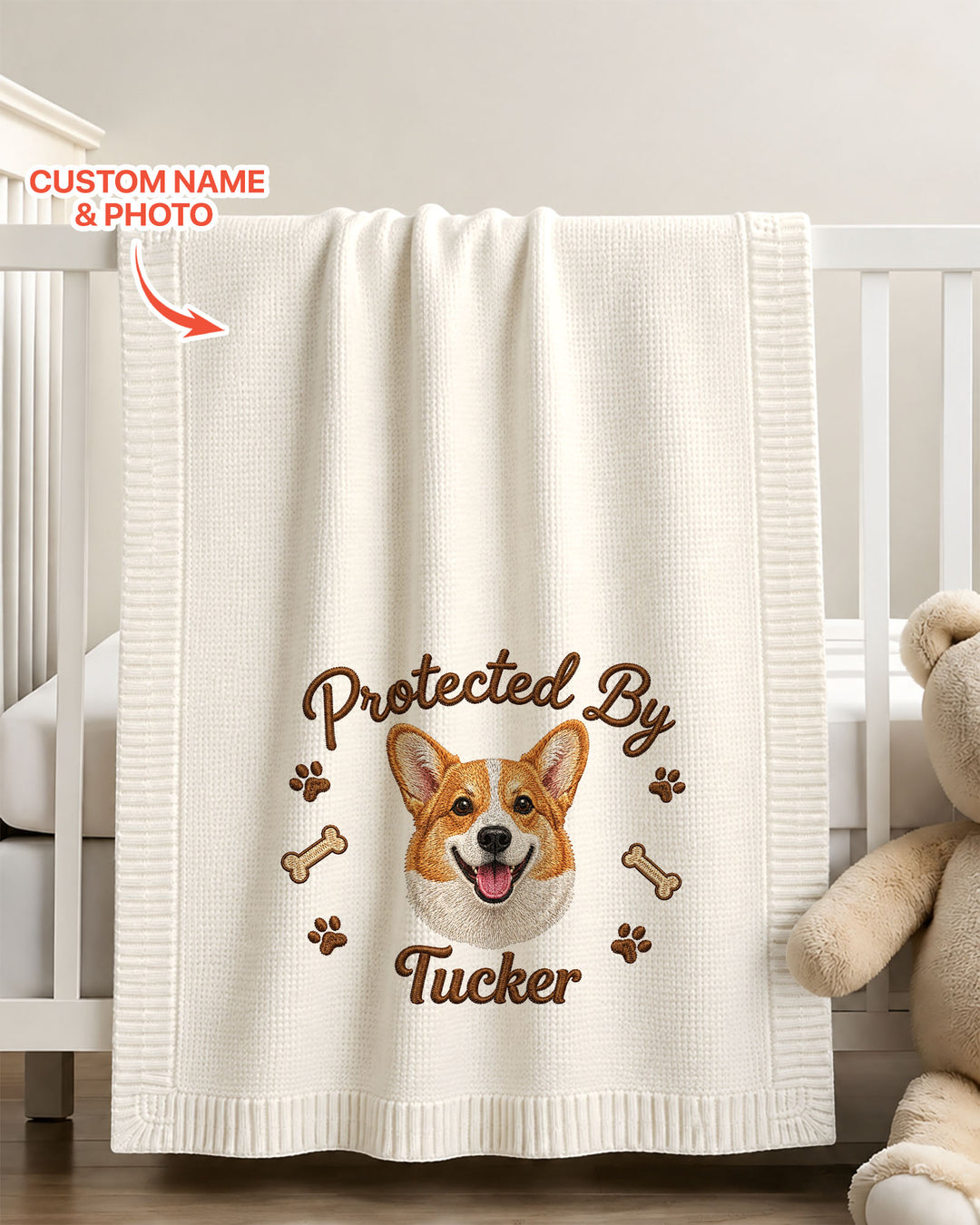 Protected By Dog Embroidered Baby Cotton Blanket