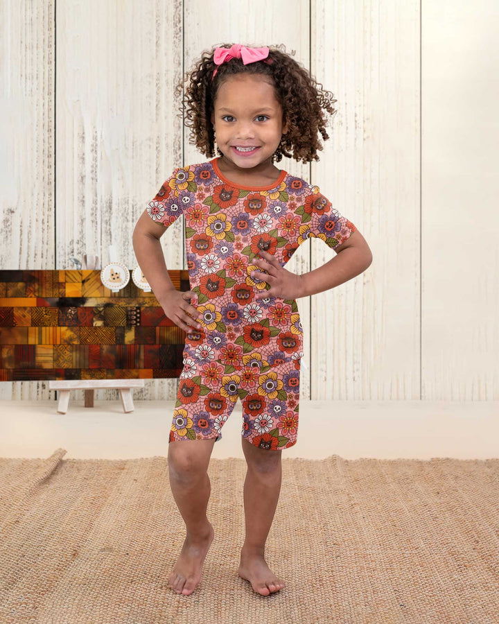 70s Halloween Floral Bamboo Two Piece Short Sleeve Shorts Pajama Set