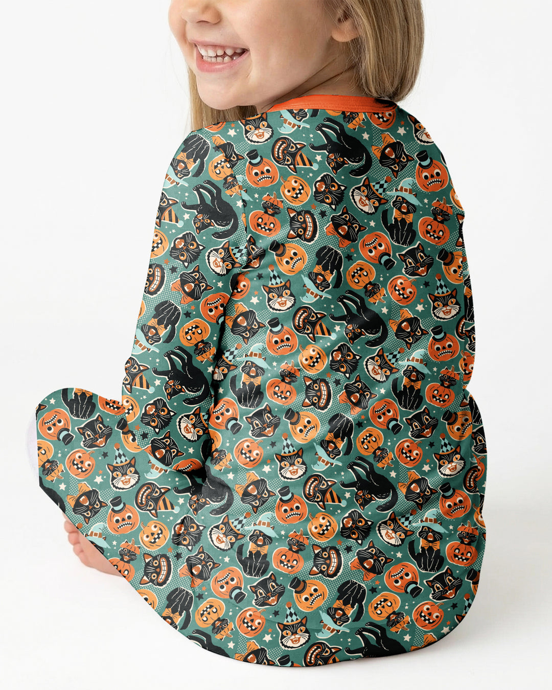 Retro Black Cat Witch Pumpkin Halloween Bamboo Two Piece Long Sleeve Pajama Set