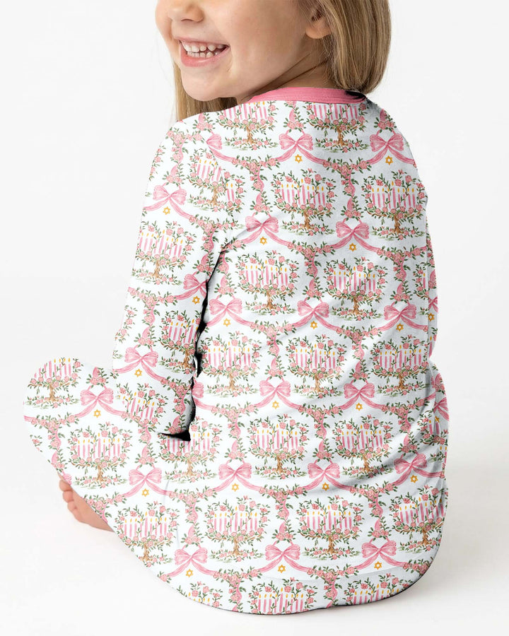Cute Bow Hanukkah Menorah Bamboo Two Piece Long Sleeve Pajama Set