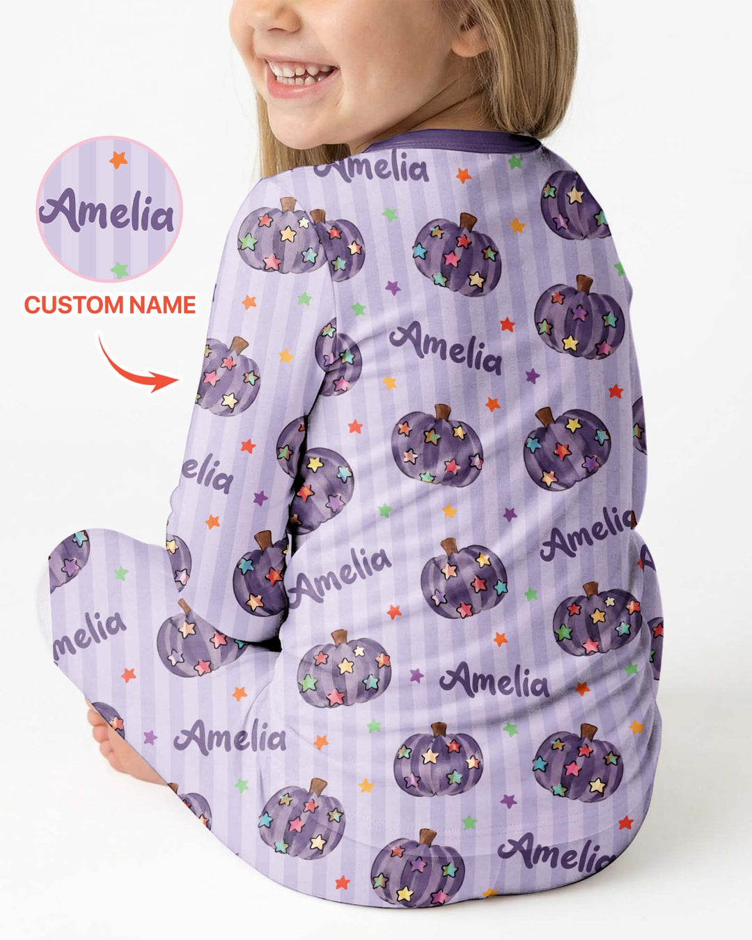 Colorful Star Pumpkin Custom Name Bamboo Two Piece Long Sleeve Pajama Set
