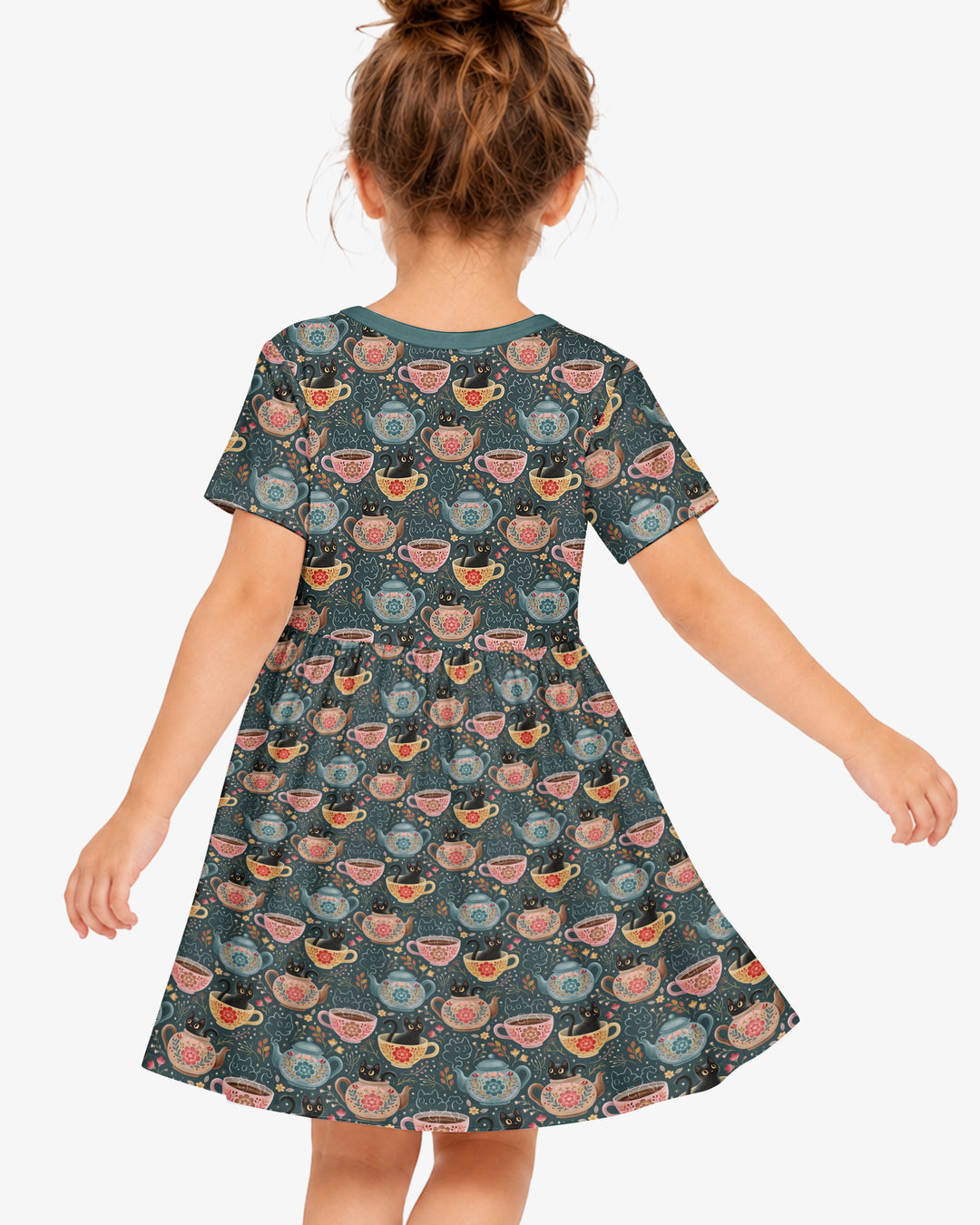 Folk Floral Black Cat Tea Party Bamboo Twirl Dress