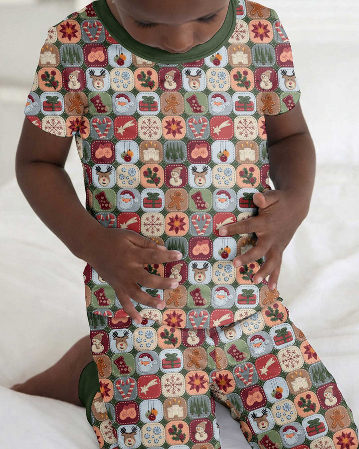 Christmas Felt Patchwork Bamboo Two Piece Short Sleeve Pajama Set