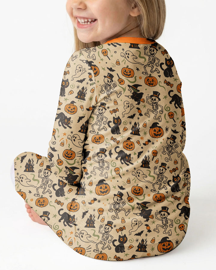 Vintage Skeleton Pumpkin Halloween Bamboo Two Piece Long Sleeve Pajama Set