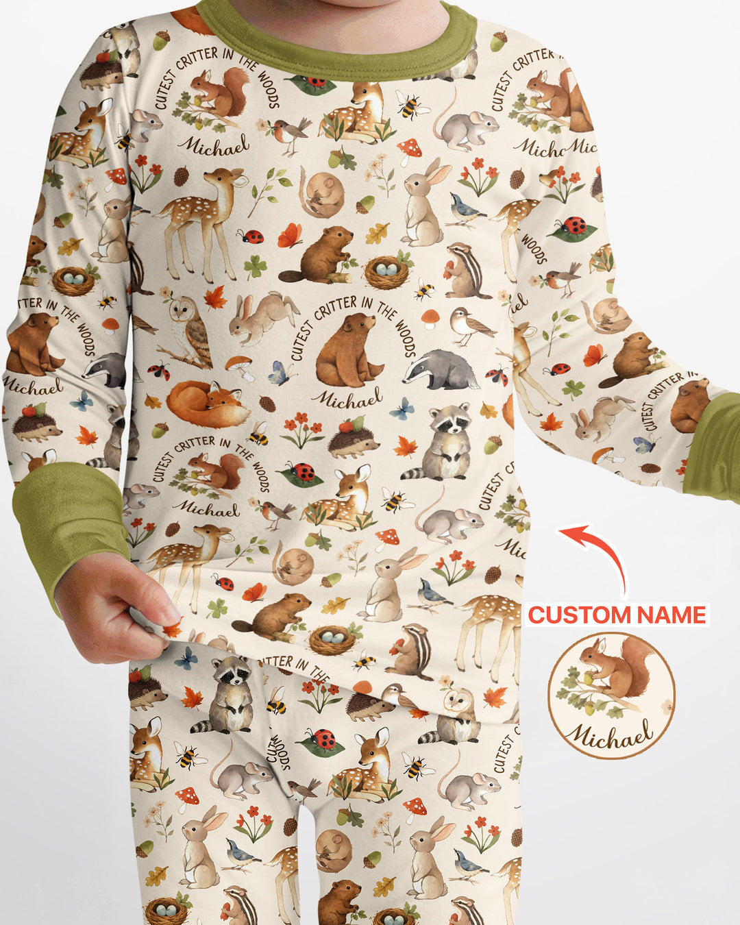Cutest Critter In The Woods Custom Name Bamboo Two Piece Long Sleeve Pajama Set