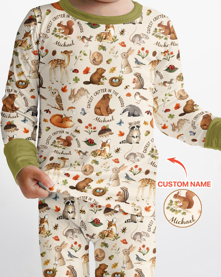 Cutest Critter In The Woods Custom Name Bamboo Two Piece Long Sleeve Pajama Set