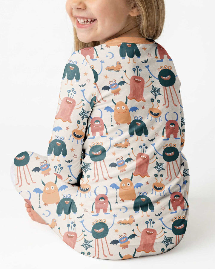 Monsters Fun Pastels Hand Painted Cute Bamboo Two Piece Long Sleeve Pajama Set