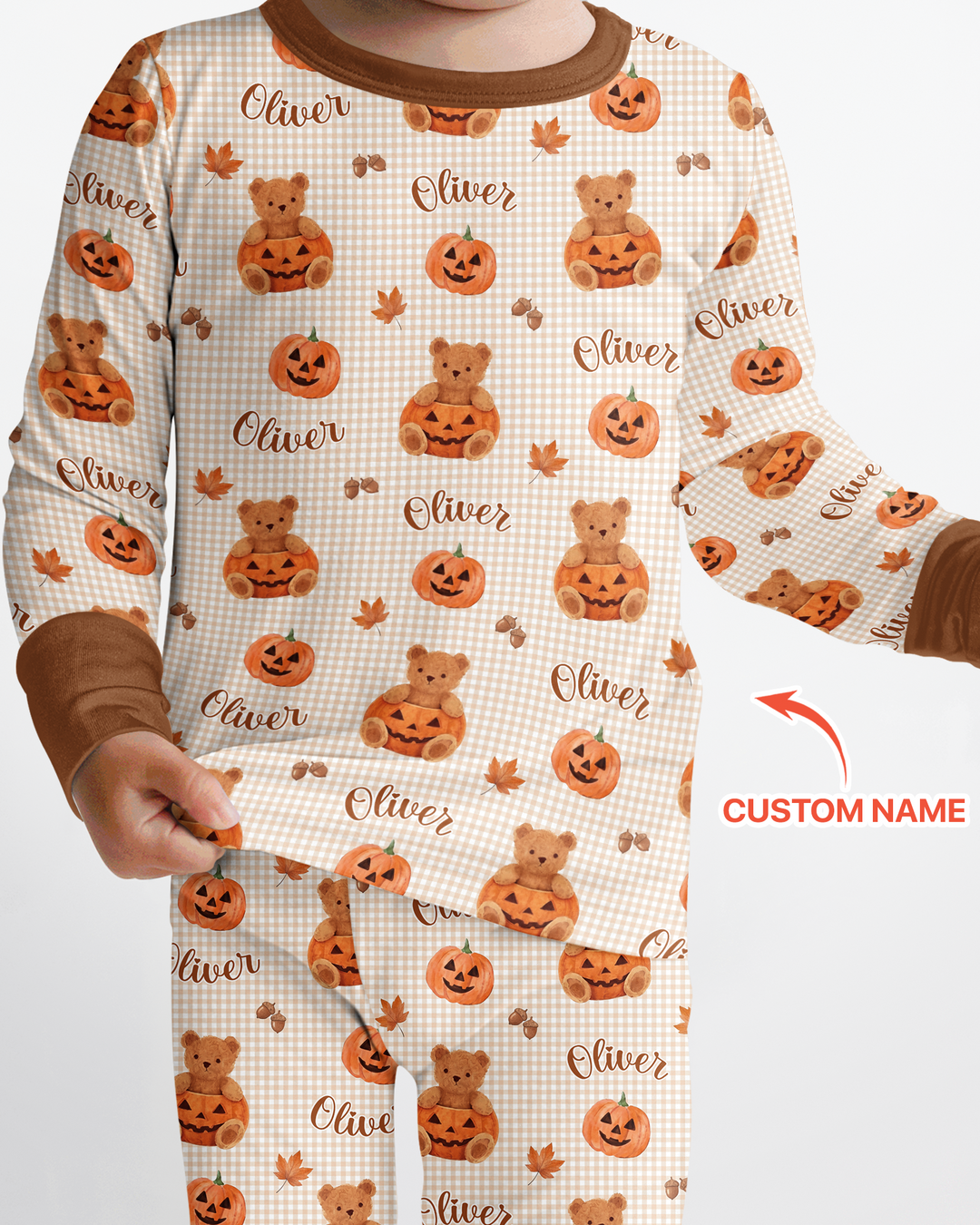 Custom Name Pumpkin Teddy Bamboo Two Piece Long Sleeve Pajama Set