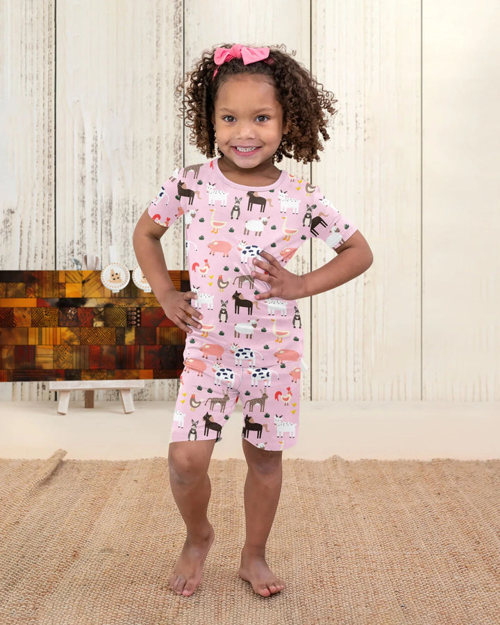 Pink Farm Animals Bamboo Two Piece Short Sleeve Shorts Pajama Set