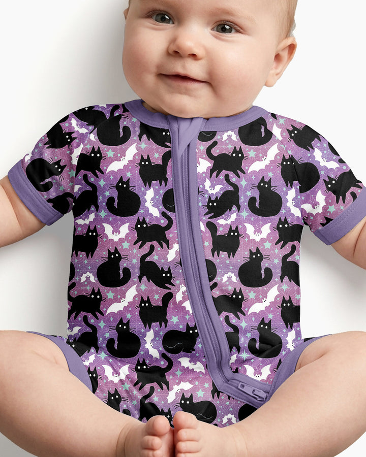 Spooky Black Cat Halloween Purple Bats Bamboo Shorty Zippy