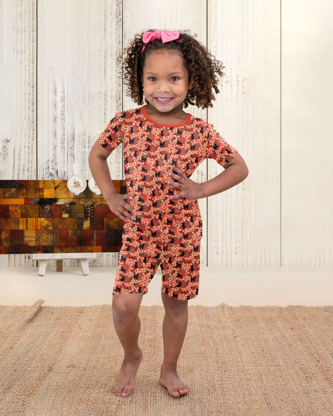 Black Cat Ditsy Bamboo Two Piece Short Sleeve Shorts Pajama Set