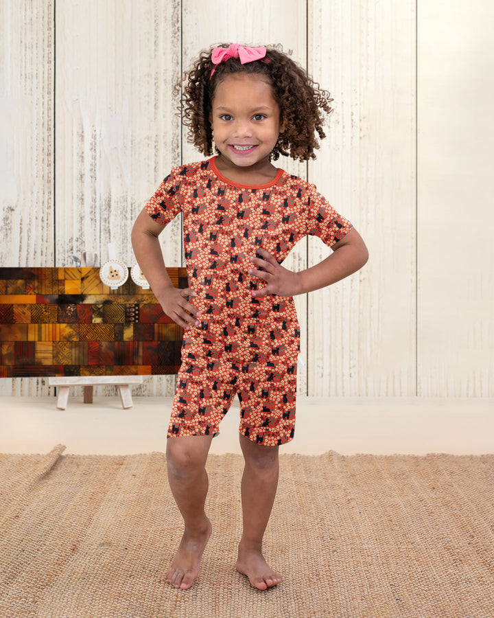 Black Cat Ditsy Bamboo Two Piece Short Sleeve Shorts Pajama Set
