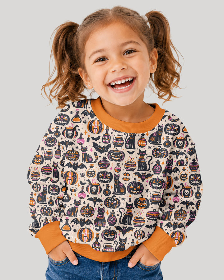 Whimsical Tribal Retro Halloween Black Cats Pumpkins Bamboo Crewneck Sweatshirt