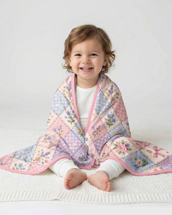 Pastel Floral Patchwork Bow Bamboo Quilt Blanket