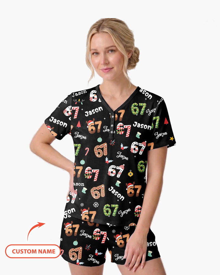 Custom '6 7' Six Seven Christmas Slang Meme Bamboo Women Short Sleeve Short Pajama Set