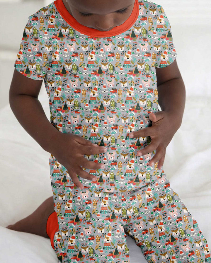 Christmas Woodland Deer Fox Bear Bamboo Two Piece Short Sleeve Pajama Set
