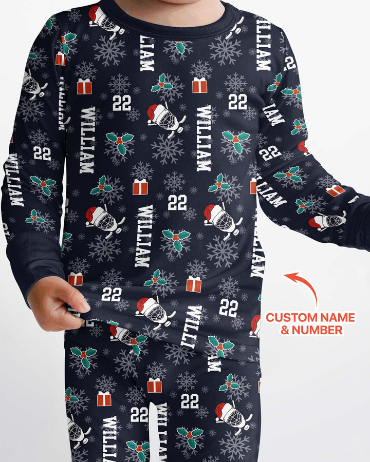 Custom Name Hockey Holiday Bamboo Two Piece Long Sleeve Pajama Set