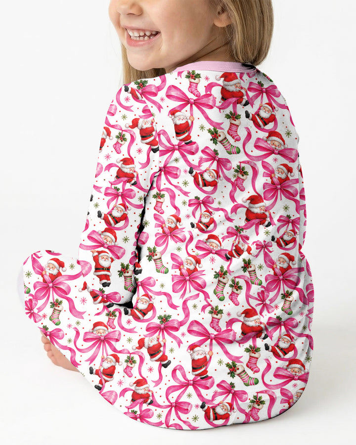 Pink Christmas Santa Bows Bamboo Two Piece Long Sleeve Pajama Set