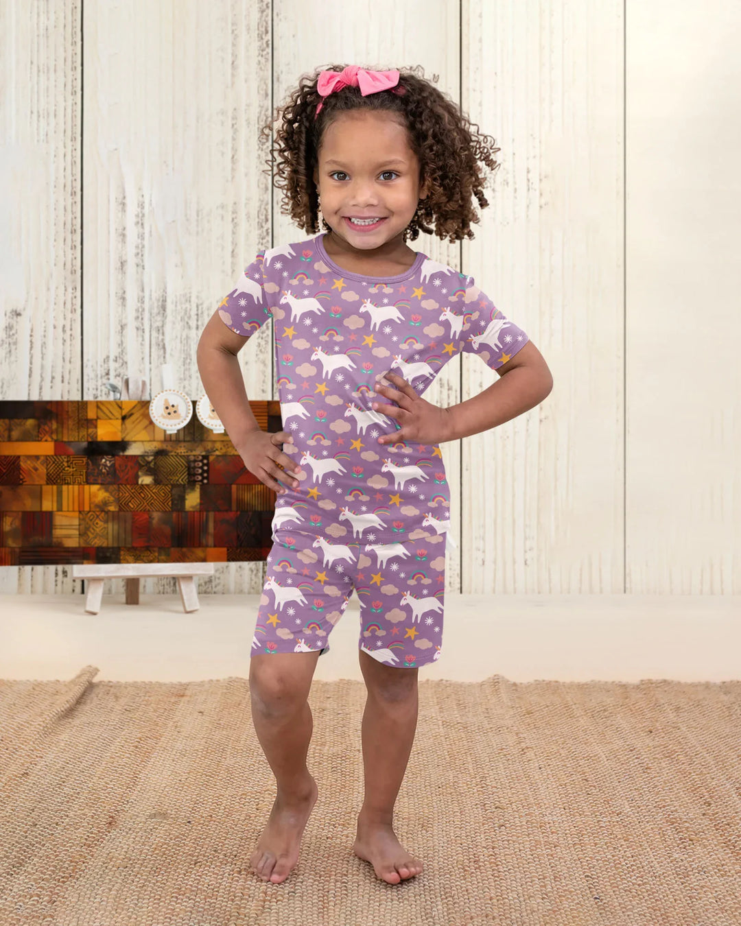 Lila Einhörner Bambus Zweiteiler Kurzarm Shorts Pyjama Set