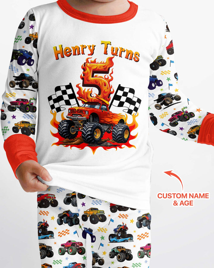 Monster Truck Birthday Boy Custom Name & Age Bamboo Two Piece Long Sleeve Pajama Set