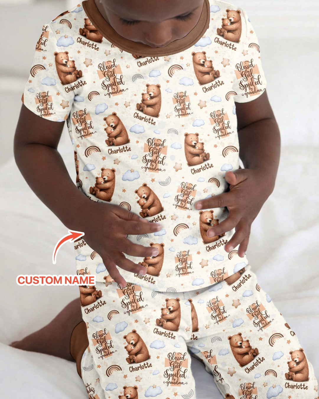 Custom Name Blessed By God Spoiled By Grandma Bamboo Two Piece Short Sleeve Pajama Set