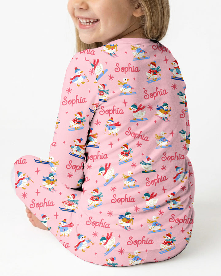 Custom Name Skiing Goose Bamboo Two Piece Long Sleeve Pajama Set