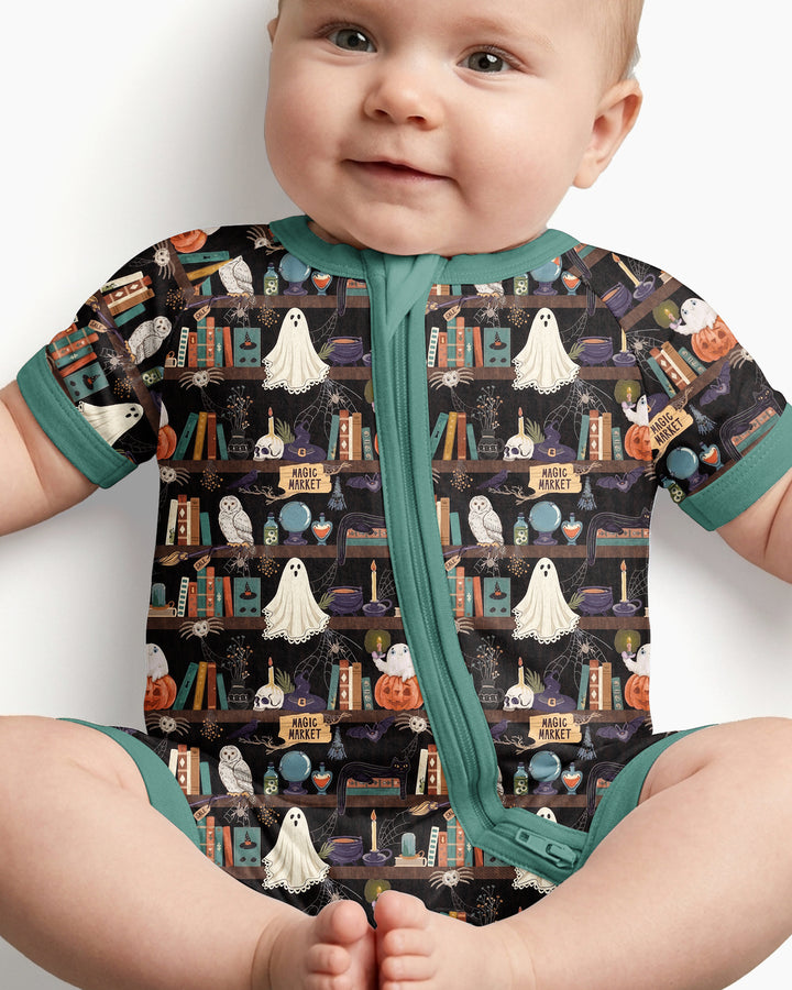 Cute Ghost Witchy Halloween Magic Library Bamboo Shorty Zippy